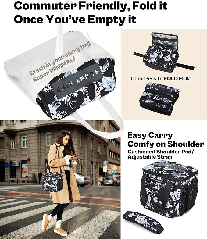 SUNNY BIRD 12L Large Insulated Lunch Bag, Leakproof and Foldable Lunch Cooler Box for Women Adult and Men, Fits 18 Cans (Hibiscus)