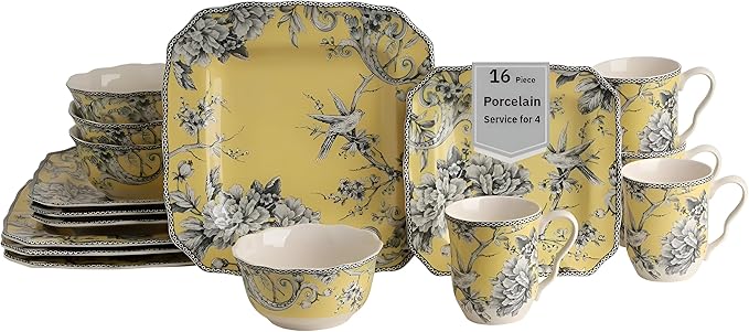 222 Fifth Adelaide 16-Piece Square Floral Dinnerware Set – Service for 4,Yellow Porcelain Plates & Bowls, for Everyday Dining & Entertainment, Microwave & Dishwasher Safe, Chip Resistant