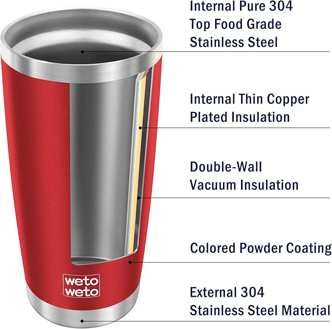 WETOWETO 20oz Tumbler, Stainless Steel Vacuum Insulated Water Coffee Tumbler Cup, Double Wall Powder Coated Leak-proof Travel Mug (Red, 1 Pack)