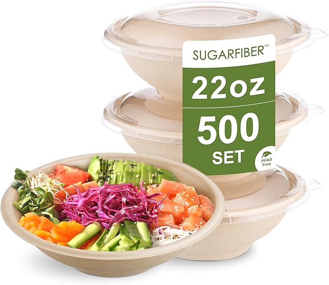 [500 Count]Sugarfiber by Harvest Pack 22oz Round Bowls PFAS Free with PLA coating with PET Lid -Heavy-Duty Eco-Friendly Disposable Bagasse Sugarcane Bowl for Meal Prep