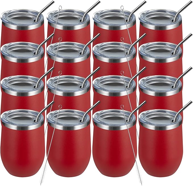 MEWAY 12oz Wine Tumbler 16 Pack Bulk Gifts for Women,Double Wall Vacuum Stainless Steel Travel Mug with Lid,Insulated Stemless Wine Cup Glass for Coffee,Cocktails,Drinks(Red,Set of 16)