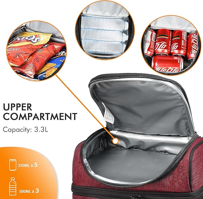 Tirrinia Reusable Lunch Box for Men Women, Insulated Lunch Bag Adult Work, Double Decker Leakproof Lunchbox for Office Picnic Beach—Dual Compartment Lunch Cooler Bag,Red