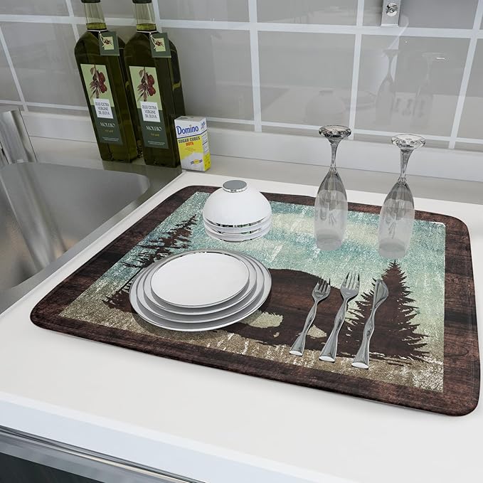 Retro Brown Bear Forest Cabin Dish Drying Mat Countertop 18x24 Fall Blue Sky Cloud Cartoon Wild Animal Bushes Drainer Mat Pine Tree Grass Dishes Pad Rustic Floral Dish Drainer Rack Winter Wildlife