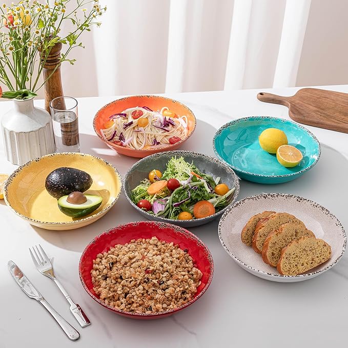 Vintage Pasta Bowl, Melamine Pasta Bowls Set of 6, 42 OZ Large Corlorful Serving Bowl for Kitchen, Dishwasher Safe Salad,Soup,Fruit, Dinner Bowls, Shallow Pasta Plates. Multi-color…