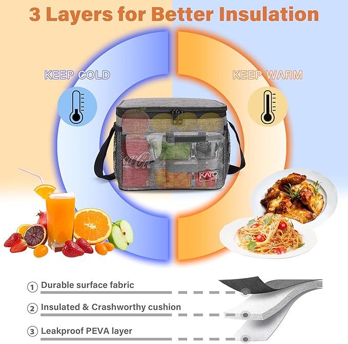 Tirrinia Insulated Lunch Bag for Women Men, Leakproof Lunch Box Containers for Adult, Work, School, Soft Lunchbox for Kids,Boys, Adult Cooler Bag for Picnic Hiking Beach,Gray