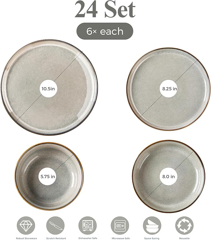 GBHOME 24 Pieces Double Bowls Ceramic Dinnerware Sets for 6, Stoneware Plates and Bowls Set with Reactive Glaze, Scratch Resistant Stoneware Dishes Set, Dishwasher & Microwave Safe