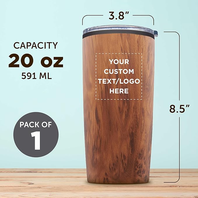 DISCOUNT PROMOS Custom Plastic Tumblers 20 oz. Set of 1, Personalized Bulk Pack - With lids, Ice Coffee Tumbler, To Go Cup, Insulated - Wood