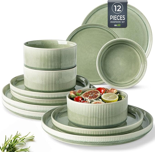 GBHOME Stoneware Dinnerware Sets for 4,Round Reactive Glaze Ceramic Plates and Bowls Set,Highly Scratch Resistant| Dishwasher & Microwave Safe Dishes Set,Service for 4(12Pcs)
