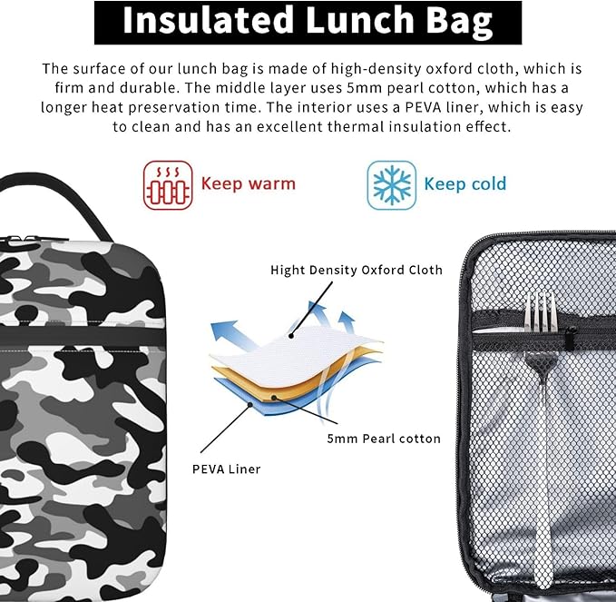 Black Camo Insulated Lunch Bags For Men Women Boys Girls Reusable Lunch Bags For Work Office Travel Easy-To-Clean Cooler Tote Reusable Lunch Box For School/Work/Picnic