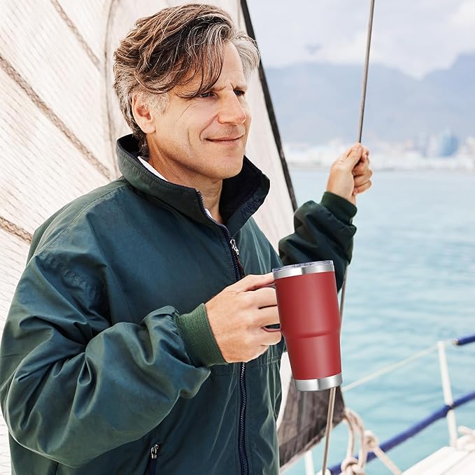 20 oz Stainless Steel Tumbler with Handle Metal Insulated Coffee Travel Mug with Handle Double Wall Tumbler Cup with Lid and Straw, Wine Red 1 Pack