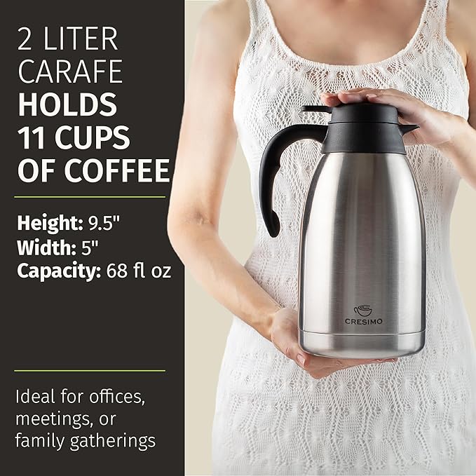Thermal Coffee Carafe with Cleaning Brush - 68 oz / 2L, 24 Hours Cold or 12 Hours Hot Water Dispenser, Carafe for Hot Liquids - Insulated Stainless Steel Coffee Urn - Easy Use Tea Dispenser - Cresimo
