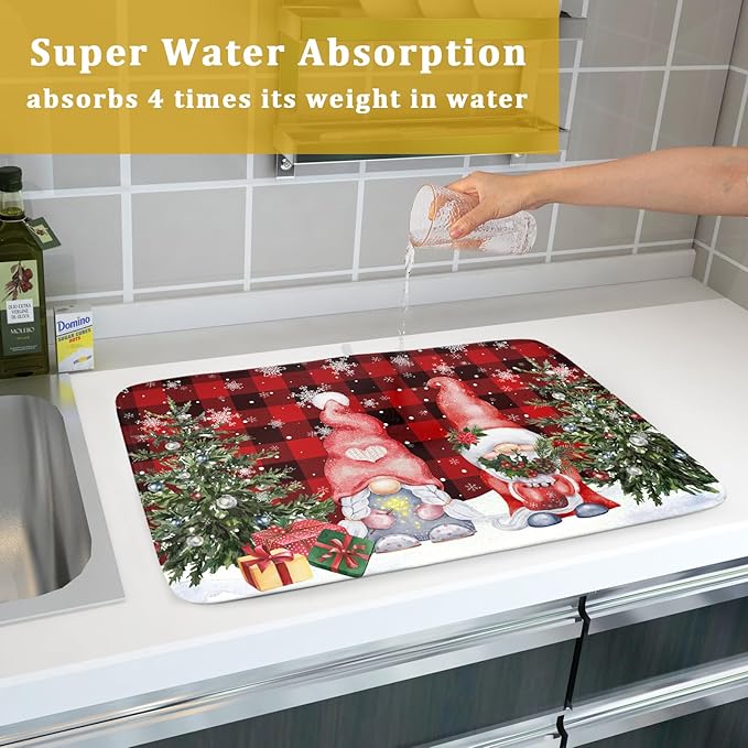 Winter Gnome Dish Drying Mat 18x24 inch Christmas Elf Trees Snowflakes Dish Drainer Mats Large Black Red Buffalo Plaids Fast Drying Absorbent Dish Drying Pad for Kitchen Countertop Holiday Decor