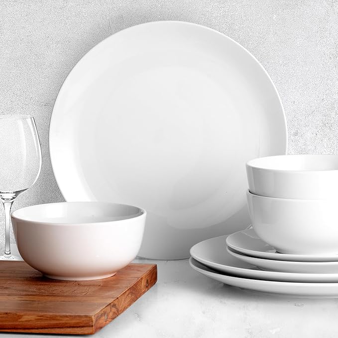 Zulay Kitchen Icon Porcelain Dinnerware Set, Service For 4 - Chip & Scratch Resistant White Plates And Bowls Sets - Microwave & Dishwasher Safe - White