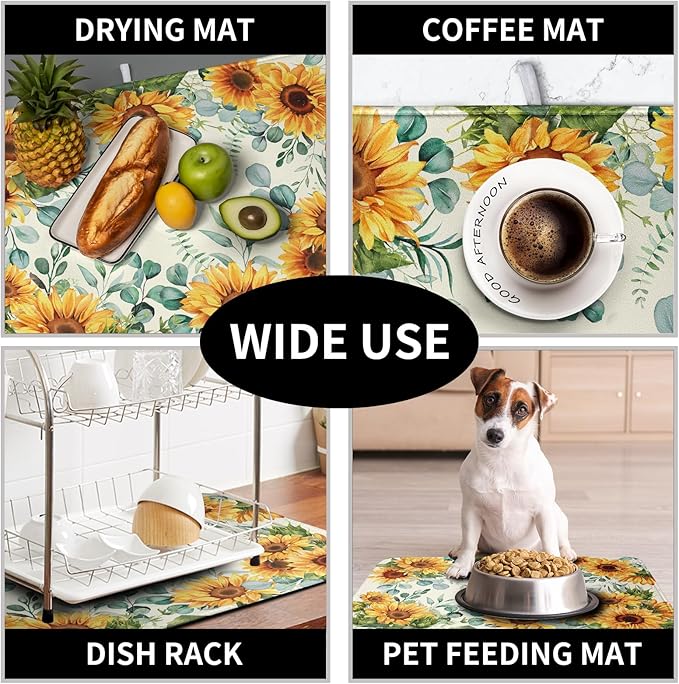 Sunflowers Dish Drying Mat for Kitchen Counter Yellow Flower Green Leaves Dish Draining Mats Spring Summer Floral Dishes Pad Microfiber Absorbent Dish Drainer Rack Mat 16x18 Inch