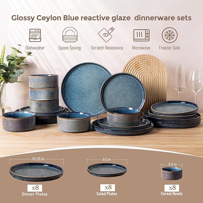 GBHOME Stoneware Dinnerware Sets for 8,Round Reactive Glaze Ceramic Plates and Bowls Set,Highly Scratch Resistant| Dishwasher & Microwave Safe Dishes Set,Service for 8(24Pcs)