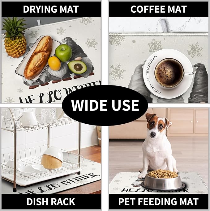 Winter Gnome Dish Drying Mat for Kitchen Counter 16x18 Christmas Snowflakes Santa Kitchen Drying Mat Hello Winter Dish Drainer Mat Super Absorbent Dish Rack Mat for Coffee Bar Countertop