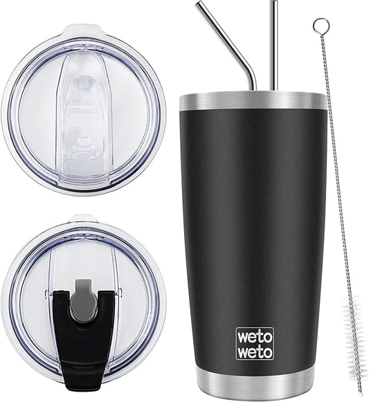 WETOWETO 20oz Tumbler with 2 lids and 2 straws, Stainless Steel Vacuum Insulated Coffee Tumbler Cup, Double Wall Powder Coated Leak-proof Travel Coffee Mug Cup (Black, 1 Pack)