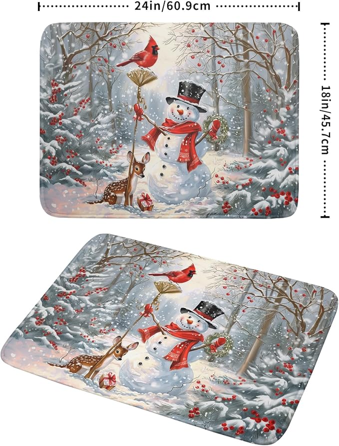 Winter Snowman Dish Drying Mat for Kitchen Counter Red Bird Berry Dishes Drainer Mats Holiday Microfiber Absorbent Dish Rack Pad 18x24 Inch