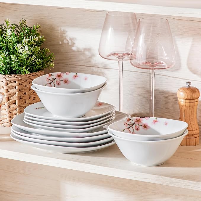 VEWEET Porcelain Dinnerware Set with Pink Floral, 12 PCS Including Dinner Plates, Dessert Plates and Cereal Bowls, Series Annie