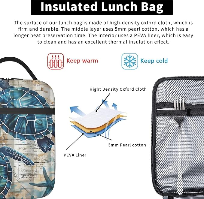 Sea Turtle Lunch Box for Adults Women Girls Boys Kids Vintage Nautical Coastal Lunch Box Insulated Cooler Reusable Lunch Bag Container Gifts for Work Office Picnic Travel School