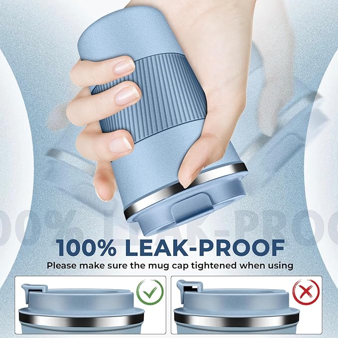 Insulated Coffee Tumbler 12 oz, Stainless Steel Coffee Mug with Lids, Travel Coffee Mug Leak Proof, Double Wall Vacuum Insulated Reusable Coffee Cup, Keep Drinks Hot and Cold (Sky Blue, 12 Ounces)