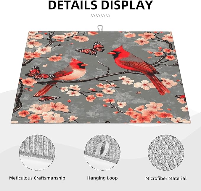 Cardinal Birds Dish Drying Mat for Kitchen Counter Microfiber Super Absorbent Non-Slip Dish Drying Pad for Countertops Dishes Utensils Stylish Quick-Dry Machine Washable 18x24 Inch