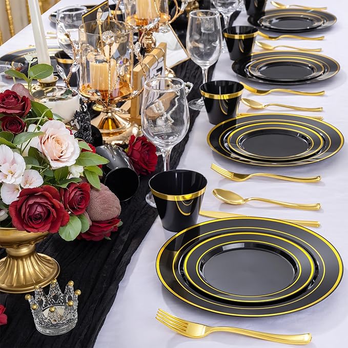 WELLIFE 600 PCS Black and Gold Disposable Dinnerware Set for 100 Guests, Gold rimmed Plastic Dinner Plates,Salad Plates,Cups,Silverware Set for Party Supplies and Halloween Party