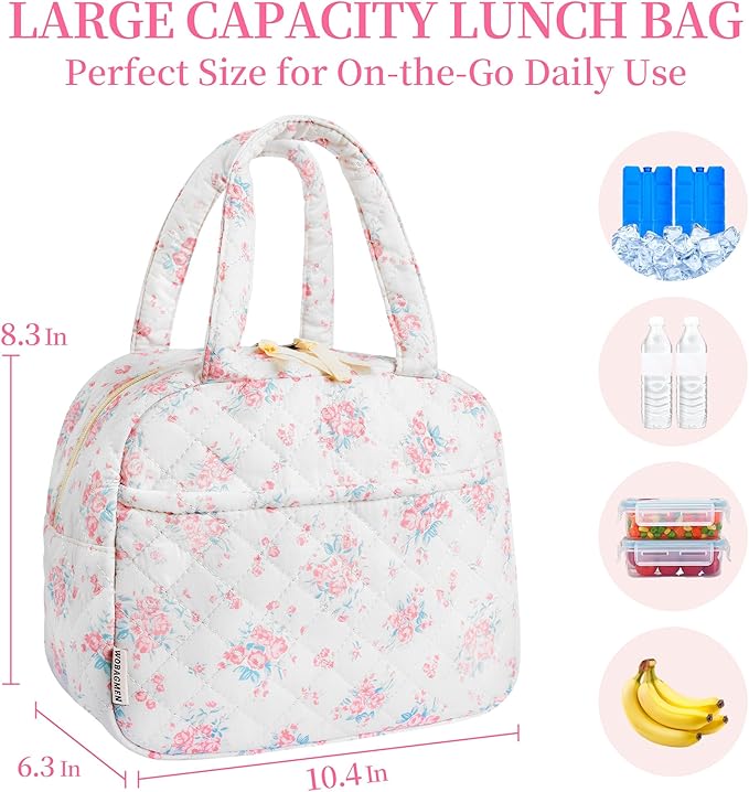 Quilted Lunch Box for Women,Insulated Cute Reusable Lunch Bag with Front Pocket,Pink Flower Stylish Lunch Tote Bag for Work, Office,Picnic, Travel,School (pink big floral)