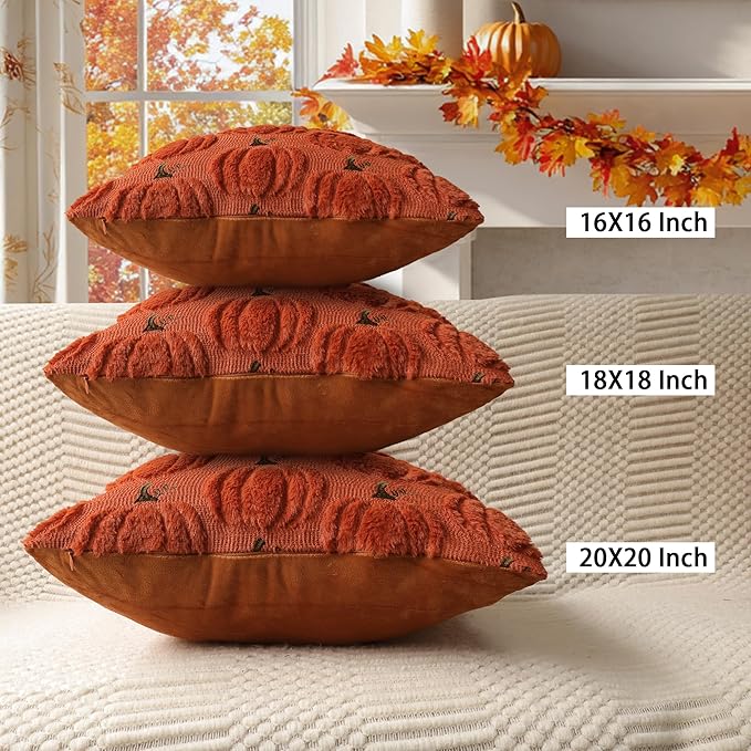 4TH Emotion Fall Pumpkin Decorative Pillow Covers 18x18 Set of 2, Dark Rust Red Soft Plush Faux Fur Wool Farmhouse Throw Cushion Cases for Autumn Thanksgiving Holiday Home Decorations