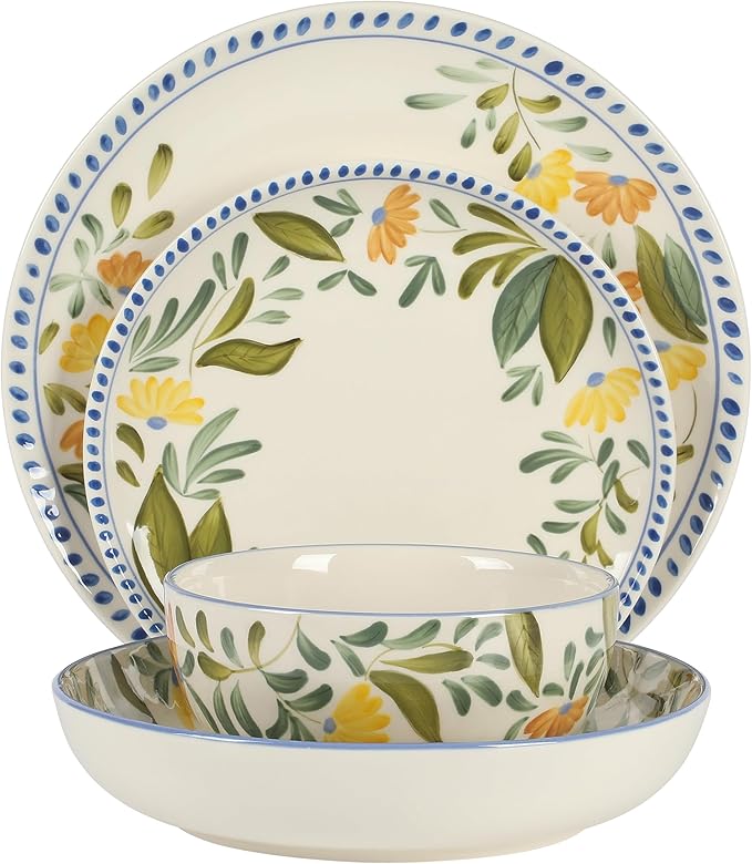 Bloomhouse Posy Blossom Double Bowl Hand Painted Stoneware Plates and Bowls Floral Dinnerware Set, Service for Four (16pcs)