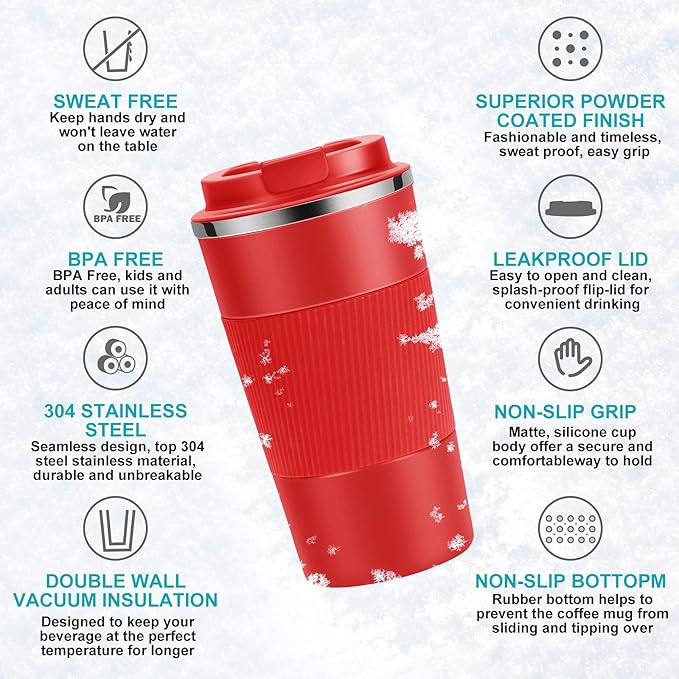 17oz Travel Coffee Cups Insulated Mug Thermal Tumbler to Go with Lid Leak Proof Reusable Stainless Steel Coffee Mug Spill Proof for Hot and Iced Cold Drinks (Red, 510ml)