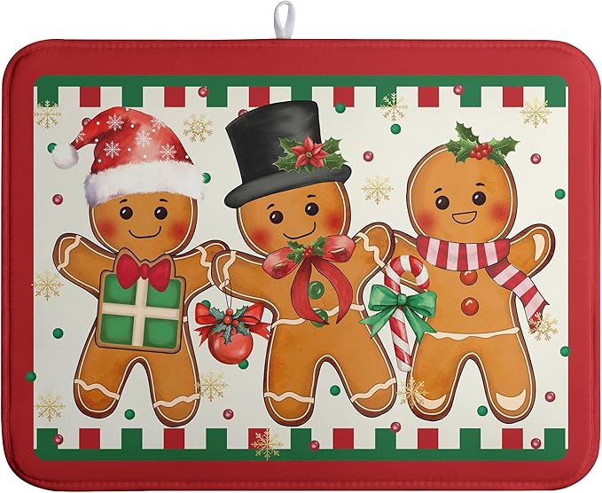 Christmas Gingerbread Man Dish Drying Mat Winter Large Kitchen Mats Dish Drying Pad Xmas Candy Absorbent Dish Dryer Mat for Kitchen Countertops Microfiber Drainer Pad Dish Drying Mats (18x24 in)