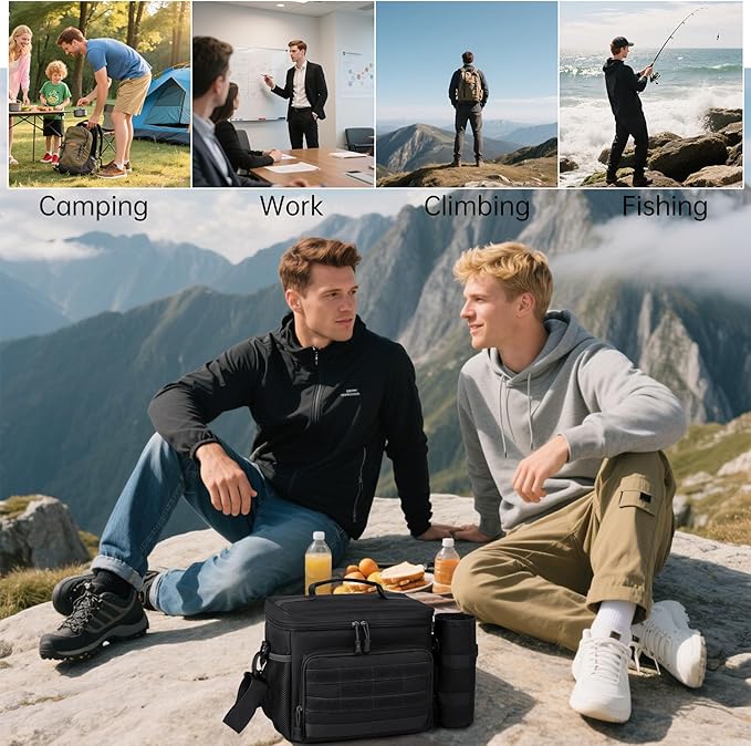 Tactical Lunch Box for Men, Insulated Lunchbox Waterproof Leakproof Cooler Lunch Bag for Work Outdoor Picnic, 24 Cans/15 L, Black
