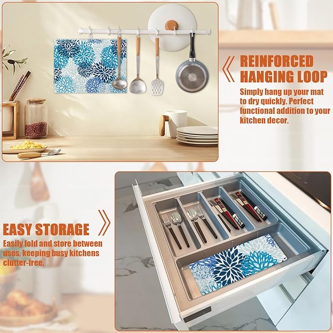 Blue Floral Dish Drying Mat for Kitchen Counter Microfiber Absorbent Dish Kitchen Drying Mat Draining Reusable Washable for Dishes/Utensils/Counterto