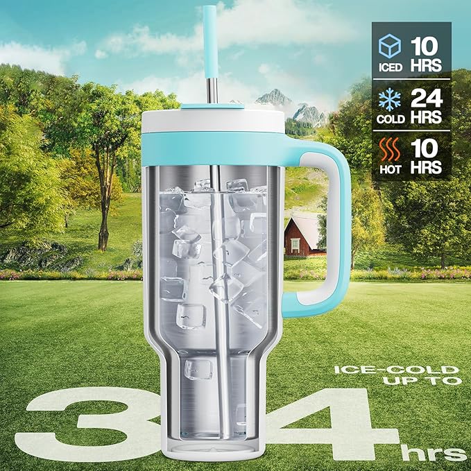 40 oz Tumbler with Handle, 2-in-1 Straw and Sip Lid, Leakproof, Dishwasher Safe, Insulated Stainless Steel Travel Coffee Mug, Keeps Cold for 34 Hours, Fits in Car Cup Holder (Glacier)