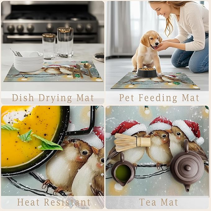 Winter Christmas Bird Dish Drying Mat, Bird Lover Gifts, Rustic Winter Xmas Sparrow Birds Absorbent Dish Drainer Reusable Washable Drying Mat Pad for Kitchen Counter, 12×15 Inch