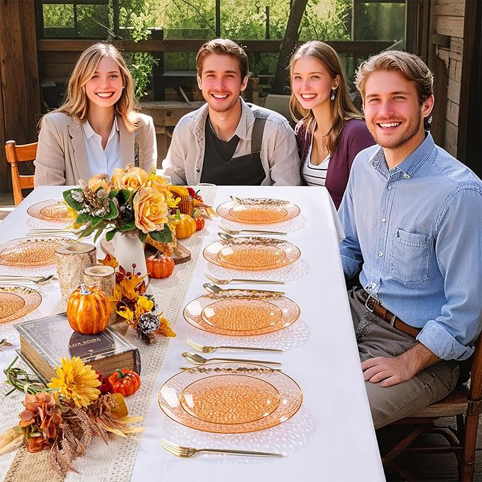 Rubtlamp 100Pcs Thanksgiving Plastic Dinner Plates, 10 Inch Disposable Orange Dinner Plates, Heavy Duty Plates with Gold Rim, Hammered Disposable Plastic Party Plates For Event Party