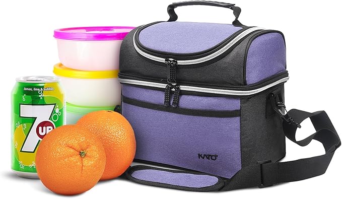 Tirrinia Reusable Lunch Box for Men Women, Insulated Lunch Bag Adult Work, Double Decker Leakproof Lunchbox for Office Picnic Beach—Dual Compartment Lunch Cooler Bag,Purple