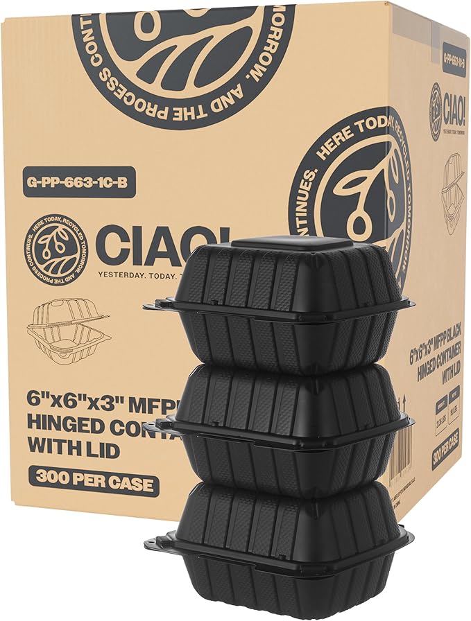 CIAO! 6"x6"x3" MFPP Black Hinged Container With Lid 1 Compartment (Case of 300)