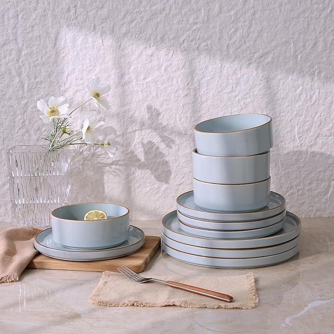 Famiware Nebula Plates and Bowls Sets for 4, 12 Pieces Stoneware Dinnerware Set, Microwave and Dishwasher Safe Dishes Set, Light Blue with Brown Rim