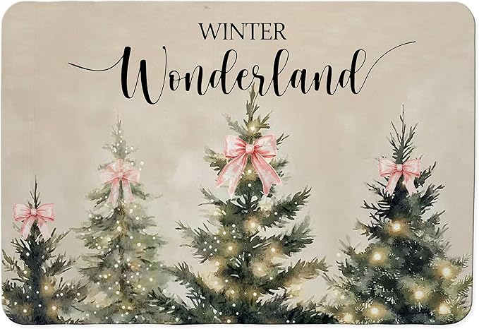 Winter Christmas Tree Dish Drying Mat, Pink Bow Xmas Tree Coffee Bar Mat for Countertops, Vintage Christmas Absorbent Dish Drying Mats for Kitchen Counter Coffee Maker, 16x24 Inch