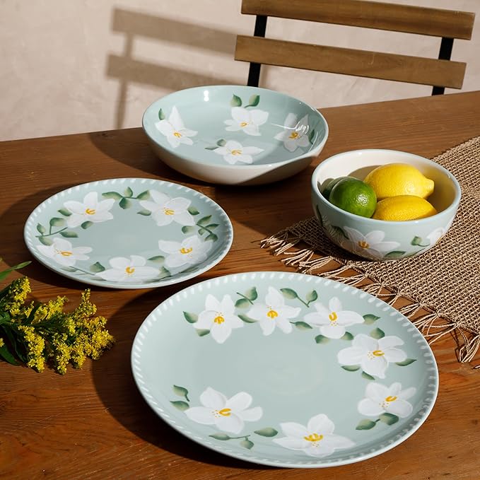 Bloomhouse Magnolia Bloom 16 Piece Double Bowl Hand Painted Stoneware Plates and Bowls Floral Dinnerware Set