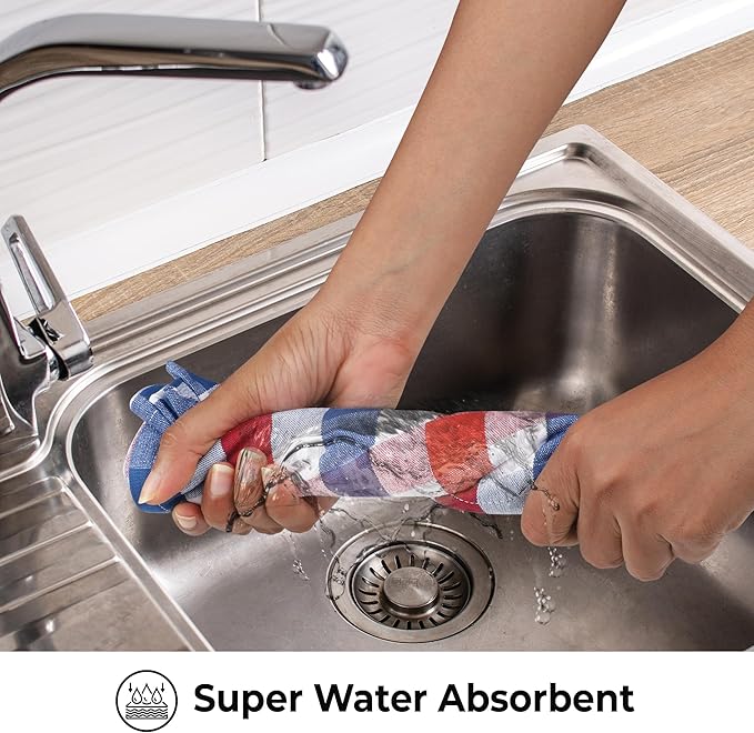 Urban Villa July 4th KitchenTowels Red/Blue/White DishTowels 100% Cotton (Set of 6) 20X30 Inches Buffalo Checks Highly Absorbent Soft Durable Reusable & Washable Kitchen Towels