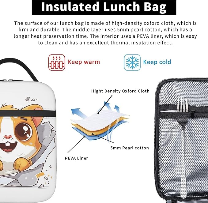 Cheerful Hamster Lunch Box for Women Men, Insulated Lunch Box, Reusable Lunch Bag for Office, Work, Picnic, Travel