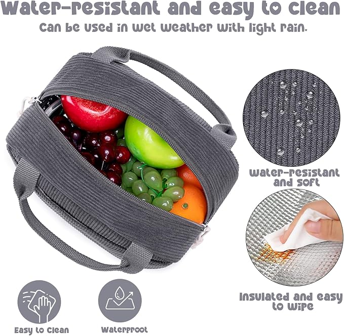 Bluboon Lunch Bag for Women Men Cute Corduroy Lunch Tote Bags Reusable Insulated Lunch Box Large Capacity Reusable Insulated Cooler for Work Picnic or Travel