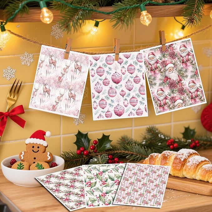 Christmas Swedish Dishcloths for Kitchen - 6PCS Pink Christmas Swedish Cloths for Washing Dishes, Cute Santa Reusable Dish Towels, Washable Cleaning Sponge Gifts for Home Holiday Fast Drying