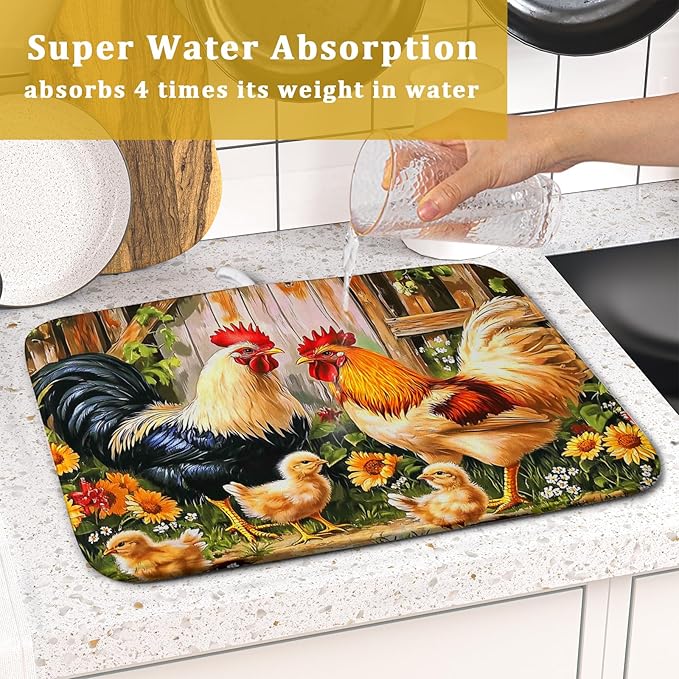 Rooster Chickens Dish Drying Mats 16x18 Inch,Farmhouse Wooden Fence Sunflower Microfiber Absorbent Quick-Dry Drainer Rack Sink Protector Pad for Kitchen Counter Decor