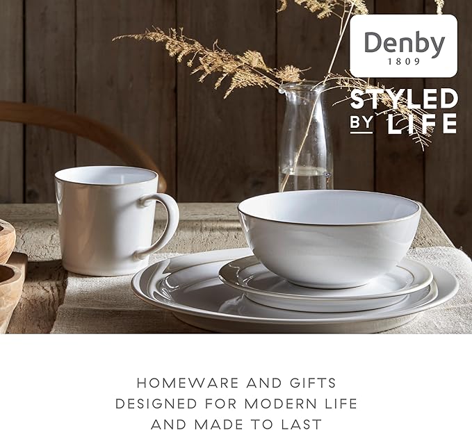 Denby - Natural Canvas Coupe Dinner Set For 4-12 Piece Stoneware Tableware Set - Dishwasher Microwave Oven Safe - Scratch Chip Resistant