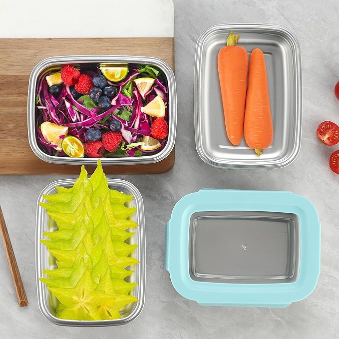BEFOY 4PCS Stainless Steel Snack Container with Lids 22.8oz Meal Prep freezer Bento Lunch Snack Boxes for Leak Proof & Airtight,Reusable & Stackable (white, yellow, pink,green)