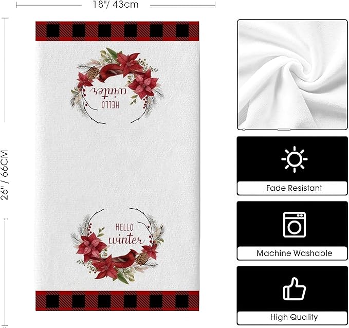 Christmas Kitchen Towels 2-Pack 18x26 Inch - Festive Red Black Plaid Dish Cloths, Absorbent Xmas Tea Towels for Holiday Decor & Gifts